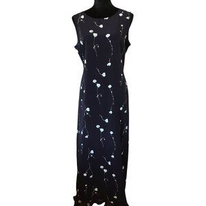 Norton McNaughton Sleeveless Maxi Dress, Bottom Sheer Ruffle Navy White Floral L